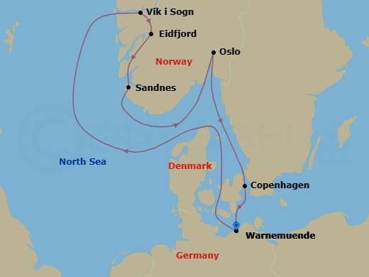 7 Night - Northern Europe - MSC Magnifica - Starting in Warnemunde (Berlin), Germany, Vik i Sogn, Norway, Eidfjord, Norway, Sandnes, Norway, Oslo, Norway, Copenhagen, Denmark, Warnemunde (Berlin), Germany itinerary map