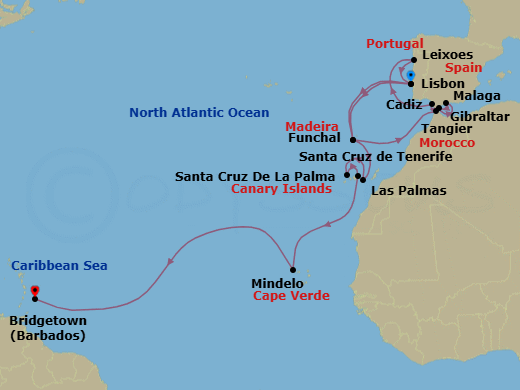 25 Night - Caribbean from Lisbon to Bridgetown - Silver Ray - Starting in Lisbon, Funchal, Tangier, Malaga, Gibraltar, Cadiz, Oporto, Lisbon, Funchal, Las Palmas, Santa Cruz de La Palma, Santa Cruz de Tenerife, Mindelo, Bridgetown itinerary map