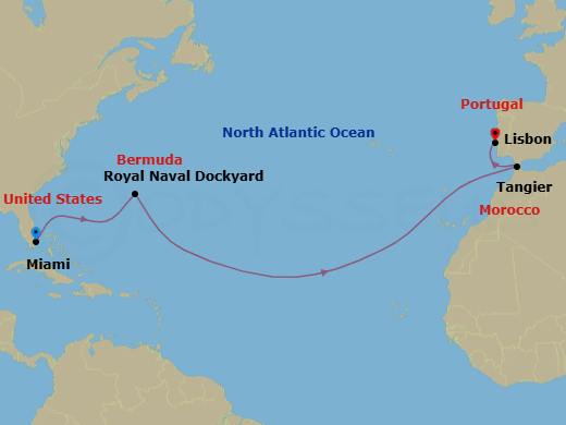 14 Night - Miami to Lisbon - Silver Nova - Starting in Miami, Fl, Royal Naval Dockyard, Bermuda, Tangier, Lisbon itinerary map