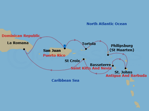 7 Night - Southern Caribbean Cruise - Rhapsody of the Seas - Starting in San Juan, Puerto Rico, Tortola, Philipsburg, St Maarten, St Johns AG, Antigua, Basseterre, St Kitts and Nevis, St Croix, US Virgin Islands, La Romana, Dominican Republic, San Juan, Puerto Rico itinerary map