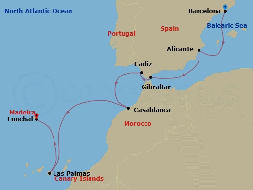 7 Night - Msc Grand Voyages - MSC Meraviglia - Starting in Barcelona, Spain, Alicante, Spain, Gibraltar, Cadiz (Seville), Spain, Casablanca (Marrakesh), Morocco, Las Palmas de Gran Canaria (Canary Islands), Spain, Funchal (Madeira Islands), Portugal itinerary map