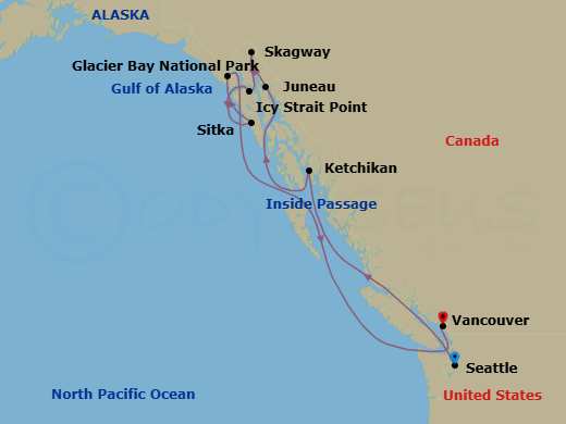10 Night - Inside Passage (Seattle to Vancouver) - Royal Princess - Starting in Seattle, Washington, Ketchikan, Alaska, Juneau, Alaska, Skagway, Alaska, Icy Strait Point, Alaska, Sitka, Alaska, Glacier Bay National Park (Scenic Cruising), Alaska, Vancouver, Canada itinerary map
