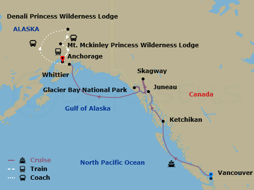 12 Night - Denali Explorer - Tour Ka5 - Discovery Princess Tours - Starting in Vancouver, Canada, Ketchikan, Alaska, Juneau, Alaska, Skagway, Alaska, Glacier Bay National Park (Scenic Cruising), Alaska, College Fjord (Scenic Cruising), Alaska, Anchorage (Whittier), Alaska, Denali Princess Wilderness Lodge, Mount Mckinley Princess Wilderness Lodge, Anchorage itinerary map