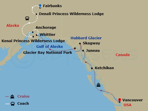 12 Night - Denali Explorer - Tour Lb5 - Coral Princess Tours - Starting in Fairbanks, Denali Princess Wilderness Lodge, Kenai Princess Wilderness Lodge, Anchorage (Whittier), Alaska, Hubbard Glacier (Scenic Cruising), Alaska, Glacier Bay National Park (Scenic Cruising), Alaska, Skagway, Alaska, Juneau, Alaska, Ketchikan, Alaska, Vancouver, Canada itinerary map