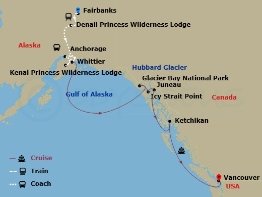 12 Night - Denali Explorer - Tour Lb5 - Discovery Princess Tours - Starting in Fairbanks, Denali Princess Wilderness Lodge, Kenai Princess Wilderness Lodge, Anchorage (Whittier), Alaska, Hubbard Glacier (Scenic Cruising), Alaska, Glacier Bay National Park (Scenic Cruising), Alaska, Icy Strait Point, Alaska, Juneau, Alaska, Ketchikan, Alaska, Vancouver, Canada itinerary map