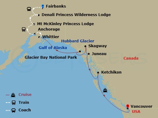13 Night - Denali Explorer - Tour Nb6 - Island Princess Tours - Starting in Fairbanks, Denali Princess Wilderness Lodge, Mount Mckinley Princess Wilderness Lodge, Anchorage (Whittier), Alaska, Hubbard Glacier (Scenic Cruising), Alaska, Glacier Bay National Park (Scenic Cruising), Alaska, Skagway, Alaska, Juneau, Alaska, Ketchikan, Alaska, Vancouver, Canada itinerary map