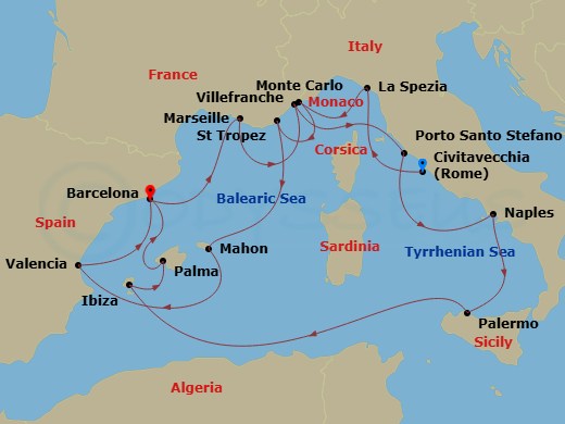16 Night - An Extended Journey of Island Chic & Riviera Glamour - EXPLORA I - Starting in Civitavecchia (Rome), La Spezia, Monte Carlo, Saint-Tropez, Mahon (Menorca), Valencia, Barcelona, Marseille, Villefranche-Sur-Mer (Nice), Porto Santo Stefano (Argentario), Port of Naples, Palermo (Sicily), Ibiza, Palma De Mallorca, Barcelona itinerary map