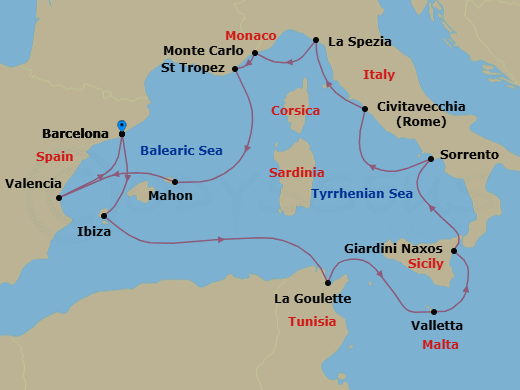 14 Night - An Extended Journey of Sunlit Discovery & Timeless Wonder - EXPLORA I - Starting in Barcelona, Ibiza, Tunis / La Goulette, La Valletta, Giardini Naxos, Sorrento, Civitavecchia (Rome), La Spezia, Monte Carlo, Saint-Tropez, Mahon (Menorca), Valencia, Barcelona itinerary map