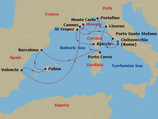 14 Night - An Extended Journey Through Antique Treasures, Mediterranean Flavours & Island Calm - EXPLORA I - Starting in Civitavecchia (Rome), Porto Santo Stefano (Argentario), Monte Carlo, Cannes, Valencia, Palma De Mallorca, Barcelona, Porto Cervo (Sardinia), Ajaccio (Corsica), Saint-Tropez, Portofino, Livorno (Florence), Civitavecchia (Rome) itinerary map