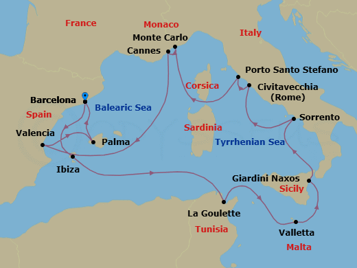 14 Night - An Extended Journey Through Timeless Coastal Beauty & Cultural Splendour - EXPLORA I - Starting in Barcelona, Ibiza, Tunis / La Goulette, La Valletta, Giardini Naxos, Sorrento, Civitavecchia (Rome), Porto Santo Stefano (Argentario), Monte Carlo, Cannes, Valencia, Palma De Mallorca, Barcelona itinerary map