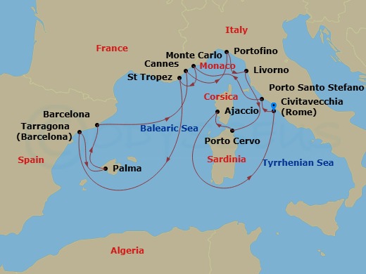 14 Night - An Extended Journey Into Riviera Romance & Italian Marvels - EXPLORA I - Starting in Civitavecchia (Rome), Porto Santo Stefano (Argentario), Monte Carlo, Saint-Tropez, Tarragona, Palma De Mallorca, Barcelona, Cannes, Portofino, Livorno (Florence), Porto Cervo (Sardinia), Ajaccio (Corsica), Civitavecchia (Rome) itinerary map
