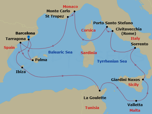 14 Night - An Extended Journey from Cultural Gems to Riviera Magic & Balmy Beaches - EXPLORA I - Starting in Barcelona, Ibiza, Tunis / La Goulette, La Valletta, Giardini Naxos, Sorrento, Civitavecchia (Rome), Porto Santo Stefano (Argentario), Monte Carlo, Saint-Tropez, Tarragona, Palma De Mallorca, Barcelona itinerary map