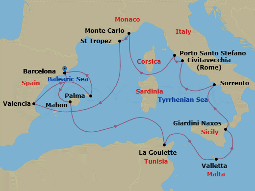 14 Night - An Extended Voyage of Antique Treasures, Volcanic Views & Tranquil Shores - EXPLORA I - Starting in Barcelona, Palma De Mallorca, Tunis / La Goulette, La Valletta, Giardini Naxos, Sorrento, Civitavecchia (Rome), Porto Santo Stefano (Argentario), Monte Carlo, Saint-Tropez, Valencia, Mahon (Menorca), Barcelona itinerary map