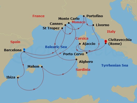 14 Night - An Extended Journey Through Sparkling Coasts & Serene Beauty - EXPLORA I - Starting in Barcelona, Ibiza, Mahon (Menorca), Alghero (Sardinia), Saint-Tropez, Monte Carlo, Barcelona, Cannes, Portofino, Livorno (Florence), Porto Cervo (Sardinia), Ajaccio (Corsica), Civitavecchia (Rome) itinerary map