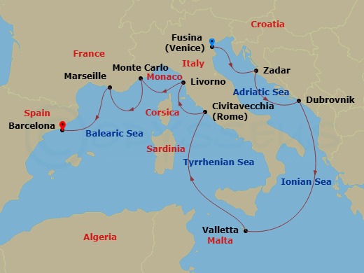 10 Night - A Journey Through Coastal Jewels & Culture-Filled Capitals - EXPLORA II - Starting in Fusina (Venice), Zadar, Dubrovnik, Croatia, La Valletta, Civitavecchia (Rome), Livorno (Florence), Monte Carlo, Marseille, Barcelona itinerary map