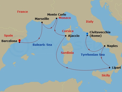 7 Night - A Journey Through Italian Treasures & French Riviera Elegance - EXPLORA I - Starting in Civitavecchia (Rome), Port of Naples, Lipari (Aeolian Islands), Ajaccio (Corsica), Monte Carlo, Marseille, Barcelona itinerary map