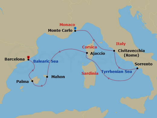7 Night - A Journey of Cultural Discovery & Enchanting Coastlines - EXPLORA I - Starting in Monte Carlo, Civitavecchia (Rome), Sorrento, Ajaccio (Corsica), Mahon (Menorca), Palma De Mallorca, Barcelona itinerary map
