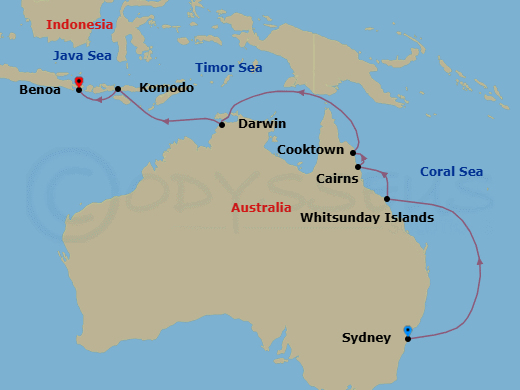 13 Night - East Australian Explorer - Oceania Riviera - Starting in Sydney AU, Whitsunday Island (Airlie Beach), Cairns, Cooktown, Darwin, Komodo, Bali (Benoa) itinerary map