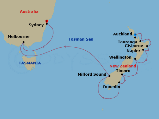 14 Night - New Zealand & Australia Tales - Oceania Riviera - Starting in Auckland, Rotorua (Tauranga), Gisborne, Napier, Wellington, Timaru, Dunedin, Cruising the Fjords of Milford Sound, Melbourne, Sydney AU itinerary map