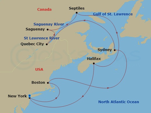 15 Night - New England and Canada - Queen Mary 2 - Starting in New York, NY, Boston, MA, Sydney NS, Canada, Quebec, QC, Canada, Saguenay, QC, Canada, Sept-Iles, QC, Canada, Halifax, NS, Canada, New York, NY itinerary map