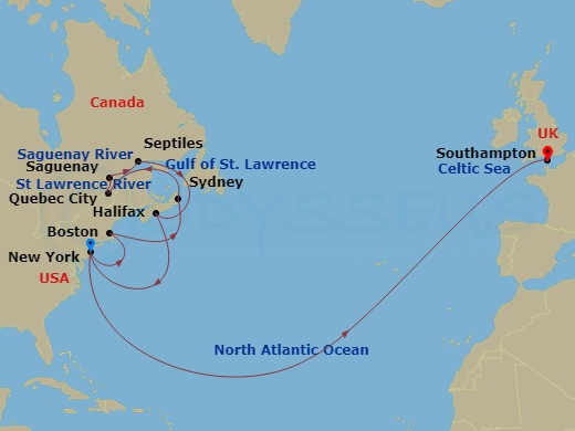 22 Night - Transatlantic Crossing, New England and Canada - Queen Mary 2 - Starting in New York, NY, Boston, MA, Sydney NS, Canada, Quebec, QC, Canada, Saguenay, QC, Canada, Sept-Iles, QC, Canada, Halifax, NS, Canada, New York, NY, Southampton, England, UK itinerary map