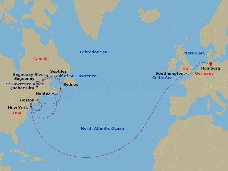 24 Night - Transatlantic Crossing, New England and Canada - Queen Mary 2 - Starting in New York, NY, Boston, MA, Sydney NS, Canada, Quebec, QC, Canada, Saguenay, QC, Canada, Sept-Iles, QC, Canada, Halifax, NS, Canada, New York, NY, Southampton, England, UK, Hamburg, Germany itinerary map
