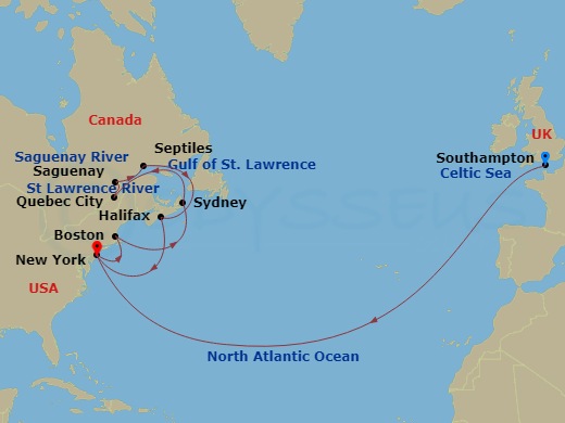 22 Night - Transatlantic Crossing, New England and Canada - Queen Mary 2 - Starting in Southampton, England, UK, New York, NY, Boston, MA, Sydney NS, Canada, Quebec, QC, Canada, Saguenay, QC, Canada, Sept-Iles, QC, Canada, Halifax, NS, Canada, New York, NY itinerary map
