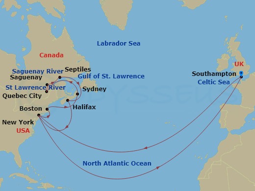 29 Night - Transatlantic Crossing, New England and Canada - Queen Mary 2 - Starting in Southampton, England, UK, New York, NY, Boston, MA, Sydney NS, Canada, Quebec, QC, Canada, Saguenay, QC, Canada, Sept-Iles, QC, Canada, Halifax, NS, Canada, New York, NY, Southampton, England, UK itinerary map