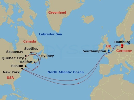 31 Night - Transatlantic Crossing, New England and Canada - Queen Mary 2 - Starting in Southampton, England, UK, New York, NY, Boston, MA, Sydney NS, Canada, Quebec, QC, Canada, Saguenay, QC, Canada, Sept-Iles, QC, Canada, Halifax, NS, Canada, New York, NY, Southampton, England, UK, Hamburg, Germany itinerary map