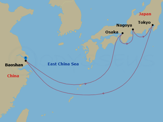 8 Night - Osaka, Nagoya & Tokyo Cruise - Spectrum of the Seas - Starting in Shanghai (Baoshan), China, Osaka, Japan, Nagoya, Japan, Tokyo, Japan, Shanghai (Baoshan), China itinerary map