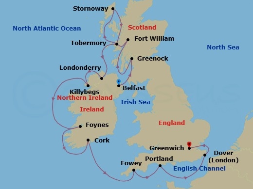 14 Night - British Isles & Ireland - Viking Astrea - Starting in Belfast, Glasgow (Greenock), Fort William, Lewis and Harris (Stornoway), Scotland, Tobermory, Londonderry, Killybegs, Foynes (Limerick), Cork (Ringaskiddy), Fowey, Portland UK, Dover UK, London (Greenwich) itinerary map