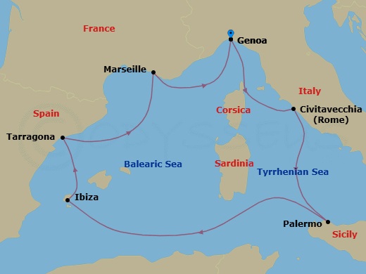 7 Night - Mediterranean - MSC Seaview - Starting in Genoa (Portofino), Italy, Civitavecchia (Rome), Italy, Palermo (Monreale), Italy, Ibiza (Balearic Islands), Spain, Tarragona, Spain, Marseille (Provence), France, Genoa (Portofino), Italy itinerary map