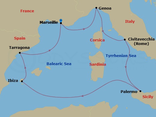 7 Night - Mediterranean - MSC Seaview - Starting in Marseille (Provence), France, Genoa (Portofino), Italy, Civitavecchia (Rome), Italy, Palermo (Monreale), Italy, Ibiza (Balearic Islands), Spain, Tarragona, Spain, Marseille (Provence), France itinerary map