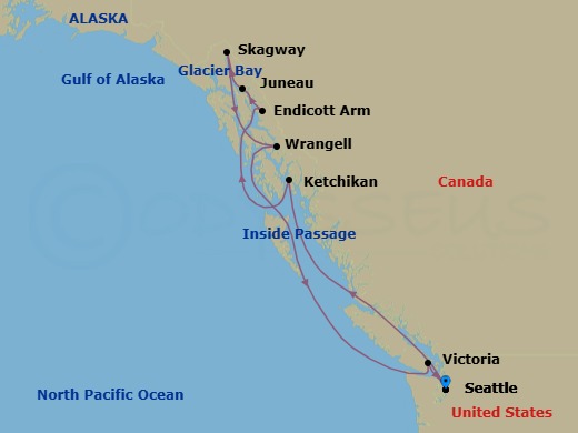 10 Night - Alaska Roundtrip from Seattle - Queen Elizabeth - Starting in Seattle, WA, Ketchikan, AK, Endicott Arm, AK, (Scenic Cruising), Juneau, AK, Skagway, AK, Glacier Bay, AK, (Scenic Cruising), Wrangell, AK, Victoria CA, Canada, Seattle, WA itinerary map