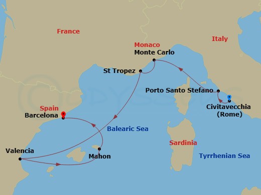 7 Night - A Journey of Antique Treasures to Sumptuous Catalan - EXPLORA I - Starting in Civitavecchia (Rome), Porto Santo Stefano (Argentario), Monte Carlo, Saint-Tropez, Valencia, Mahon (Menorca), Barcelona itinerary map