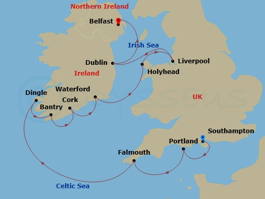 10 Night - British & Celtic Charms - Oceania Vista - Starting in London (Southampton), Portland UK, Falmouth (Cornwall), Dingle, Bantry, Cork (Cobh), Waterford, Holyhead, Liverpool, Dublin (Dun Laoghaire), Belfast itinerary map