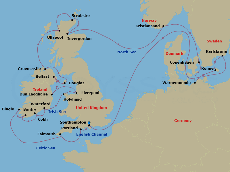 25 Night - British Isles Eclipse - Oceania Vista - Starting in London (Southampton), Portland UK, Falmouth (Cornwall), Dingle, Bantry, Cork (Cobh), Waterford, Holyhead, Liverpool, Dublin (Dun Laoghaire), Belfast, Douglas, Greencastle, Ullapool, Scrabster, Invergordon, United Kingdom, Kristiansand, Copenhagen, Berlin (Warnemunde), Ronne (Bornholm), Karlskrona, London (Southampton) itinerary map