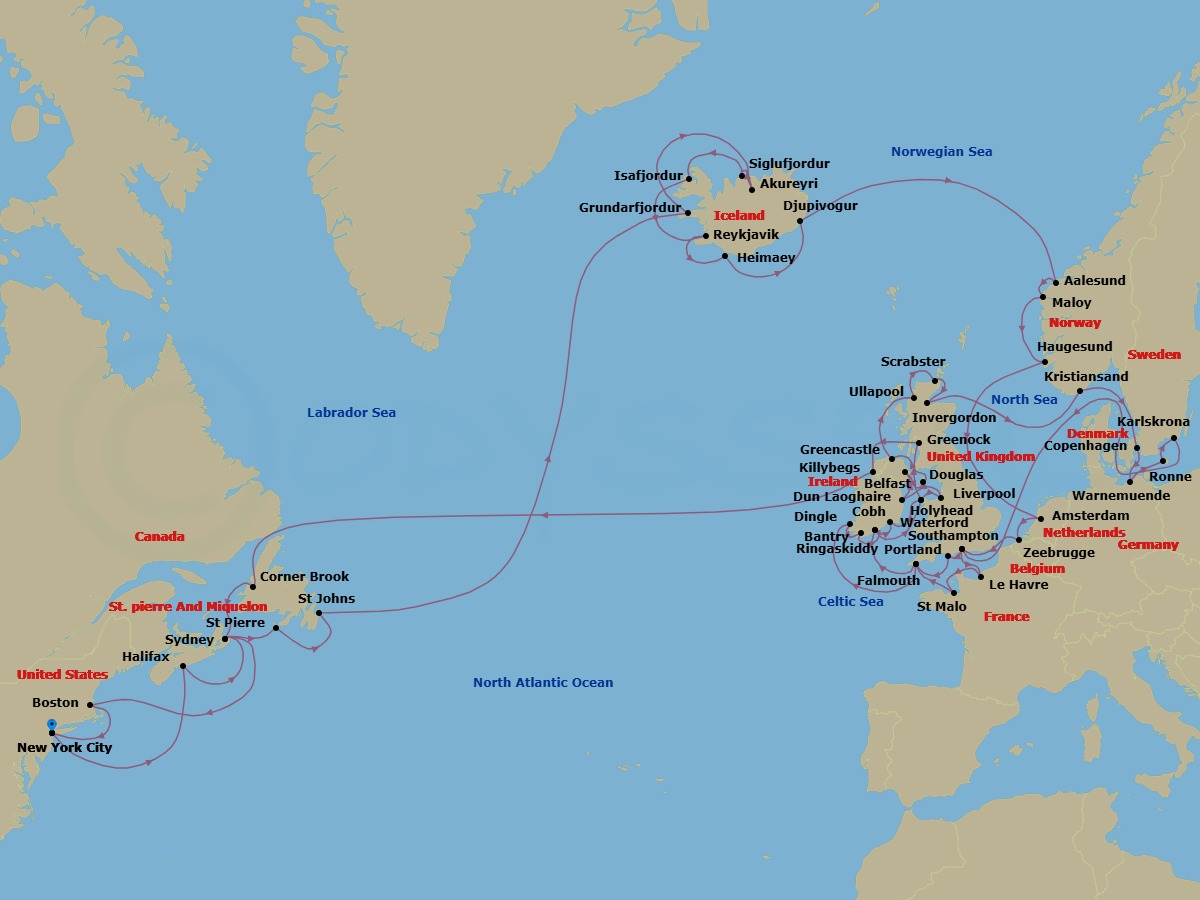 67 Night - Northern Hemisphere Collage - Oceania Vista - Starting in New York, Halifax, Sydney CA, Saint-Pierre, St Johns NF, Grundarfjordur, Akureyri, Siglufjordur, Isafjordur, Reykjavik, Heimaey, Djupivogur, Alesund, Maloy, Haugesund, Amsterdam, Bruges (Zeebrugge), London (Southampton), Portland UK, Falmouth (Cornwall), Dingle, Bantry, Cork (Cobh), Waterford, Holyhead, Liverpool, Dublin (Dun Laoghaire), Belfast, Douglas, Greencastle, Ullapool, Scrabster, Invergordon, United Kingdom, Kristiansand, Copenhagen, Berlin (Warnemunde), Ronne (Bornholm), Karlskrona, London (Southampton), Paris (Le Havre), Saint-malo, Falmouth (Cornwall), Cork (Ringaskiddy), Holyhead, Glasgow (Greenock), Killybegs, Corner Brook, Sydney CA, Boston, New York itinerary map