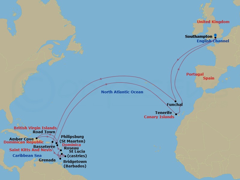 34 Night - Caribbean Roundtrip from Southampton - Queen Mary 2 - Starting in Southampton, England, UK, Funchal, Madeira, Portugal, Road Town, Tortola, Bridgetown, Barbados, Castries, St Lucia, Grenada, Roseau, Dominica, Basseterre, St Kitts, Amber Cove, Dominican Republic, Philipsburg, St Maarten, Tenerife, Spain, Southampton, England, UK itinerary map