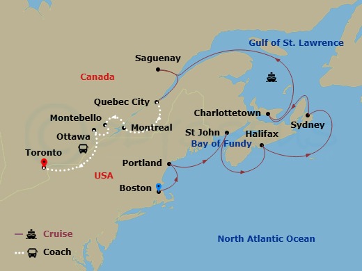 15 Night - Maple Explorer - Tour 2D - Sapphire Princess Tours - Starting in Boston, Massachusetts, Portland ME, Saint John NB (Bay of Fundy), Halifax, Canada, Sydney CA, Charlottetown, Canada, Saguenay, Canada, Quebec City, Canada, Montebello, Canada, Montreal, Canada, Ottawa, Canada, Toronto, Canada itinerary map