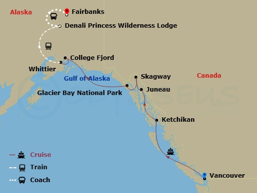 12 Night - Denali Explorer - Tour Ja5 - Discovery Princess Tours - Starting in Vancouver, Canada, Ketchikan, Alaska, Juneau, Alaska, Skagway, Alaska, Glacier Bay National Park (Scenic Cruising), Alaska, College Fjord (Scenic Cruising), Alaska, Anchorage (Whittier), Alaska, Anchorage, Denali Princess Wilderness Lodge, Fairbanks itinerary map