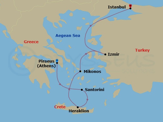 7 Night - Grecian & Turkish Wonders - Seven Seas Splendor - Starting in Athens (Piraeus), Santorini, Heraklion (Crete), Mykonos, Izmir, Cruising the Aegean Sea, Istanbul itinerary map