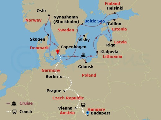 20 Night - Imperial Treasures - Tour 1A - Sapphire Princess Tours - Starting in Budapest, Hungary, Vienna, Austria, Prague, Czech Republic, Berlin, Germany, Copenhagen, Denmark, Gdansk (Gdynia), Poland, Klaipeda, Lithuania, Riga, Latvia, Tallinn, Estonia, Helsinki, Finland, Nynashamn (for Stockholm), Sweden, Visby, Sweden, Oslo, Norway, Skagen, Denmark, Copenhagen, Denmark itinerary map
