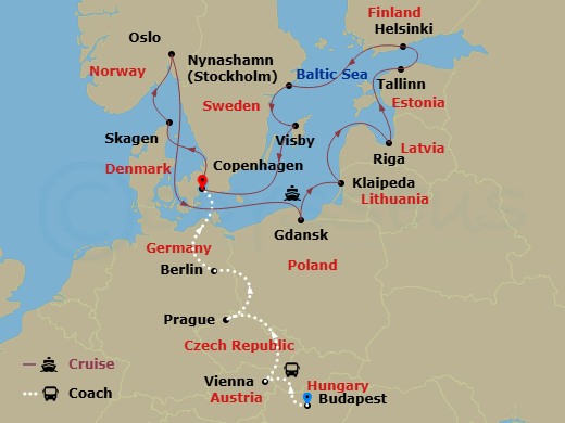 20 Night - Imperial Treasures - Tour 1A - Sapphire Princess Tours - Starting in Budapest, Hungary, Vienna, Austria, Prague, Czech Republic, Berlin, Germany, Copenhagen, Denmark, Skagen, Denmark, Oslo, Norway, Gdansk (Gdynia), Poland, Klaipeda, Lithuania, Riga, Latvia, Tallinn, Estonia, Helsinki, Finland, Nynashamn (for Stockholm), Sweden, Visby, Sweden, Copenhagen, Denmark itinerary map