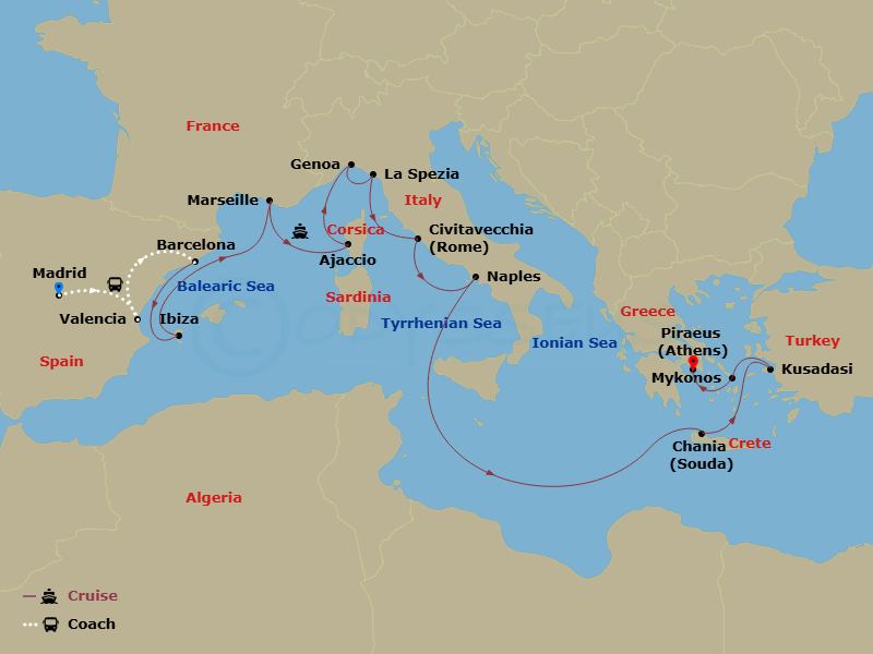 20 Night - Highlights of Spain - Tour 2B - Sun Princess Tours - Starting in Madrid, Spain, Valencia, Spain, Barcelona, Spain, Ibiza, Spain, Marseille (Provence), France, Corsica (Ajaccio), France, Genoa (for Cinque Terre), Italy, La Spezia (for Florence / Pisa), Italy, Civitavecchia (for Rome), Italy, Naples, Italy (for Capri and Pompeii), Crete (Chania), Greece, Kusadasi, Turkey (for Ephesus), Mykonos, Greece, Athens (Piraeus), Greece itinerary map