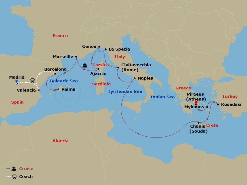20 Night - Highlights of Spain - Tour 2B - Sun Princess Tours - Starting in Madrid, Spain, Valencia, Spain, Barcelona, Spain, Mallorca (Palma), Spain, Marseille (Provence), France, Corsica (Ajaccio), France, Genoa (for Cinque Terre), Italy, La Spezia (for Florence / Pisa), Italy, Civitavecchia (for Rome), Italy, Naples, Italy (for Capri and Pompeii), Crete (Chania), Greece, Kusadasi, Turkey (for Ephesus), Mykonos, Greece, Athens (Piraeus), Greece itinerary map