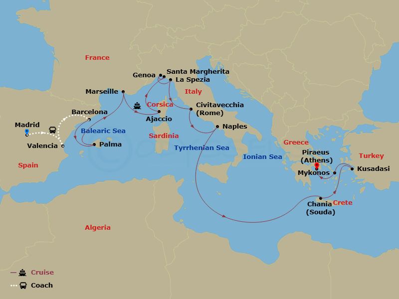 20 Night - Highlights of Spain - Tour 2B - Sun Princess Tours - Starting in Madrid, Spain, Valencia, Spain, Barcelona, Spain, Mallorca (Palma), Spain, Marseille (Provence), France, Corsica (Ajaccio), France, Santa Margherita, Italy, Genoa (for Cinque Terre), Italy, La Spezia (for Florence / Pisa), Italy, Civitavecchia (for Rome), Italy, Naples, Italy (for Capri and Pompeii), Crete (Chania), Greece, Kusadasi, Turkey (for Ephesus), Mykonos, Greece, Athens (Piraeus), Greece itinerary map