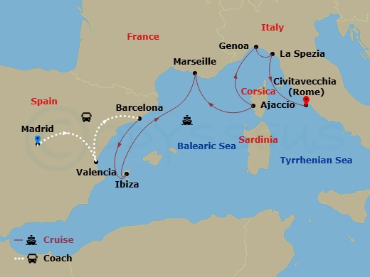 13 Night - Highlights of Spain - Tour 2A - Sun Princess Tours - Starting in Madrid, Spain, Valencia, Spain, Barcelona, Spain, Ibiza, Spain, Marseille (Provence), France, Corsica (Ajaccio), France, Genoa (for Cinque Terre), Italy, La Spezia (for Florence / Pisa), Italy, Civitavecchia (for Rome), Italy itinerary map