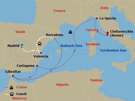 13 Night - Highlights of Spain - Tour 2A - Sun Princess Tours - Starting in Madrid, Spain, Valencia, Spain, Barcelona, Spain, Gibraltar, Cartagena ES, La Spezia (for Florence / Pisa), Italy, Civitavecchia (for Rome), Italy itinerary map