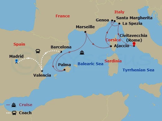 13 Night - Highlights of Spain - Tour 2A - Sun Princess Tours - Starting in Madrid, Spain, Valencia, Spain, Barcelona, Spain, Mallorca (Palma), Spain, Marseille (Provence), France, Corsica (Ajaccio), France, Santa Margherita, Italy, Genoa (for Cinque Terre), Italy, La Spezia (for Florence / Pisa), Italy, Civitavecchia (for Rome), Italy itinerary map